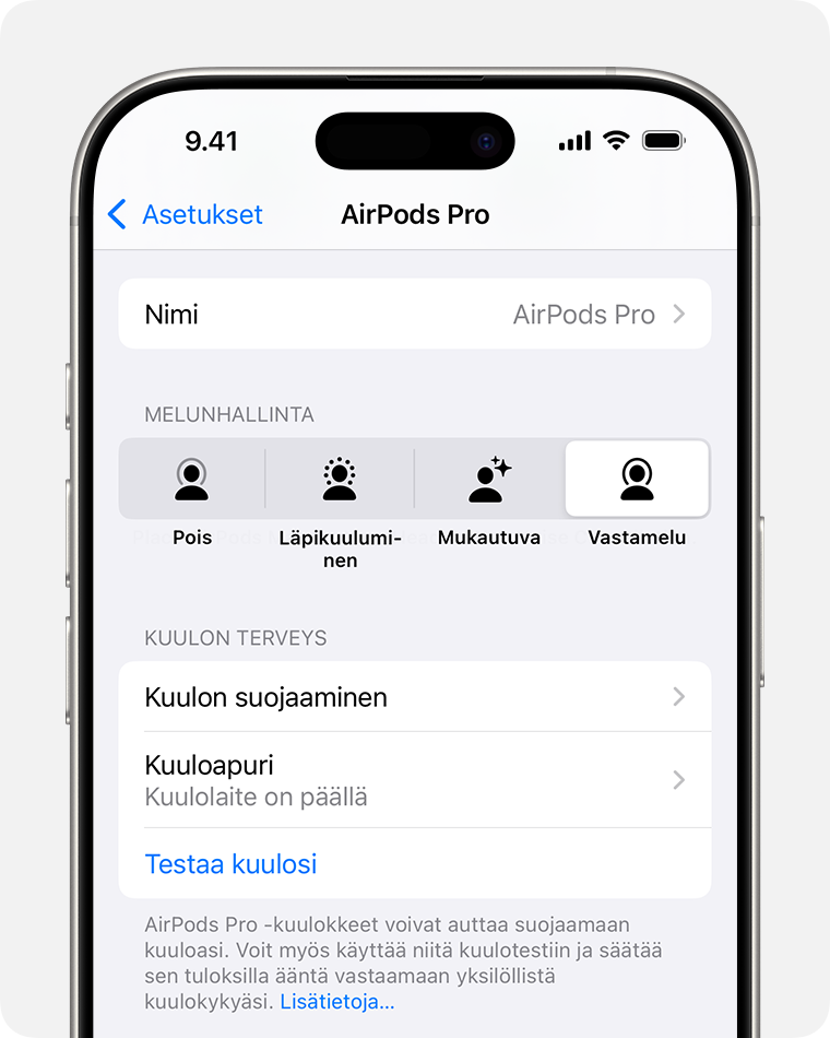 Kuuloapuri Kuulon terveys -kohdassa iPhonen AirPods-asetuksissa.