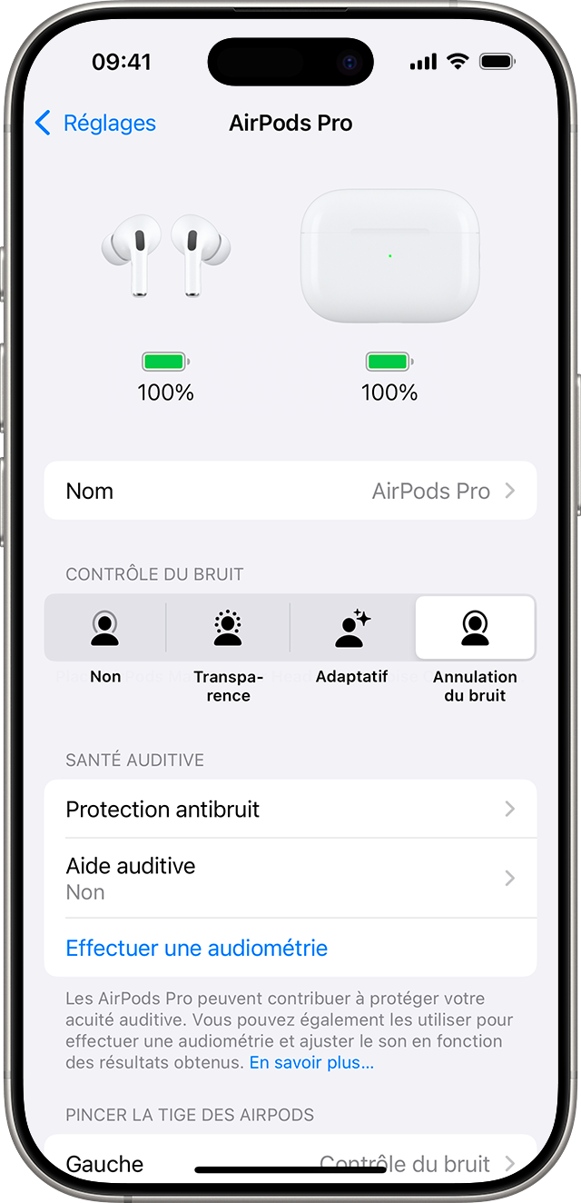 Réglages des AirPods Pro 2 sur iPhone. Les options de santé auditive, qui comprennent un bouton pour lancer une audiométrie, sont répertoriées après les options de contrôle du bruit.