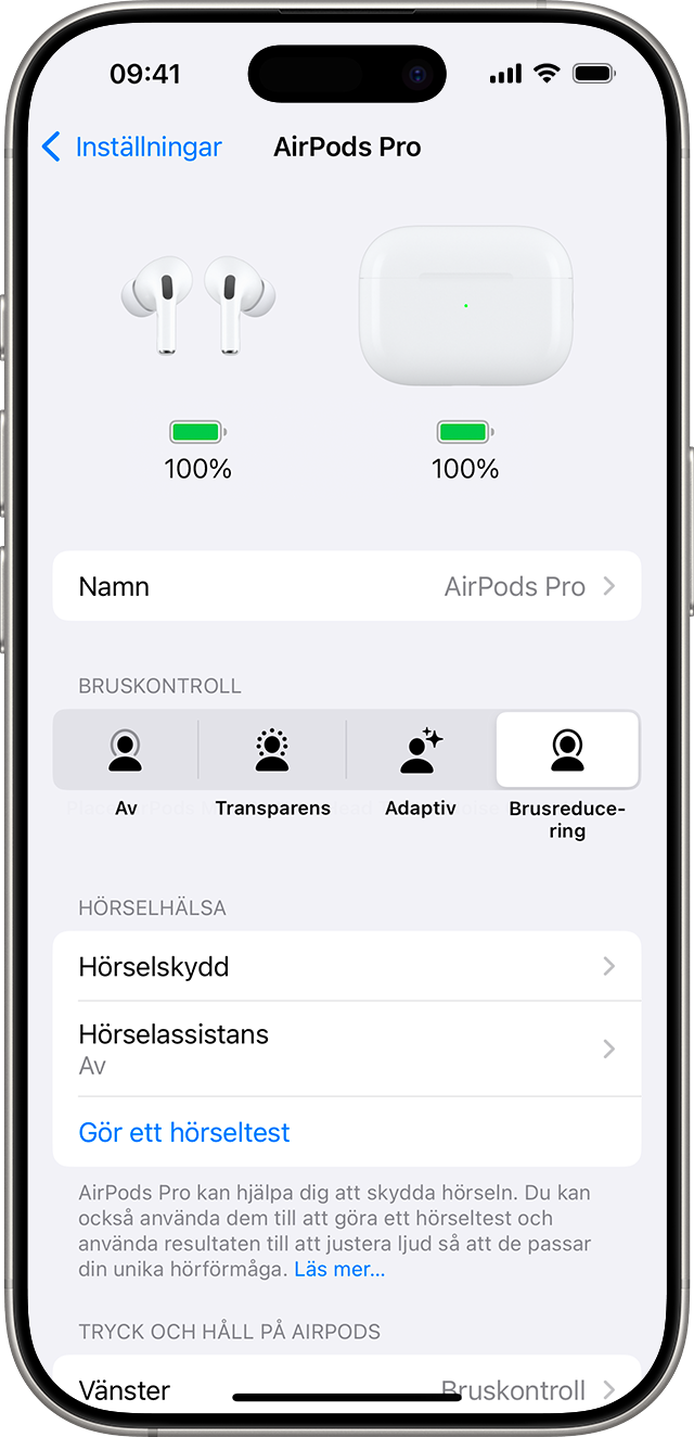 AirPods Pro 2-inställningar på iPhone. Alternativ för hörselhälsa, bland annat en knapp för att påbörja ett hörseltest, listas efter alternativen för bruskontroll.