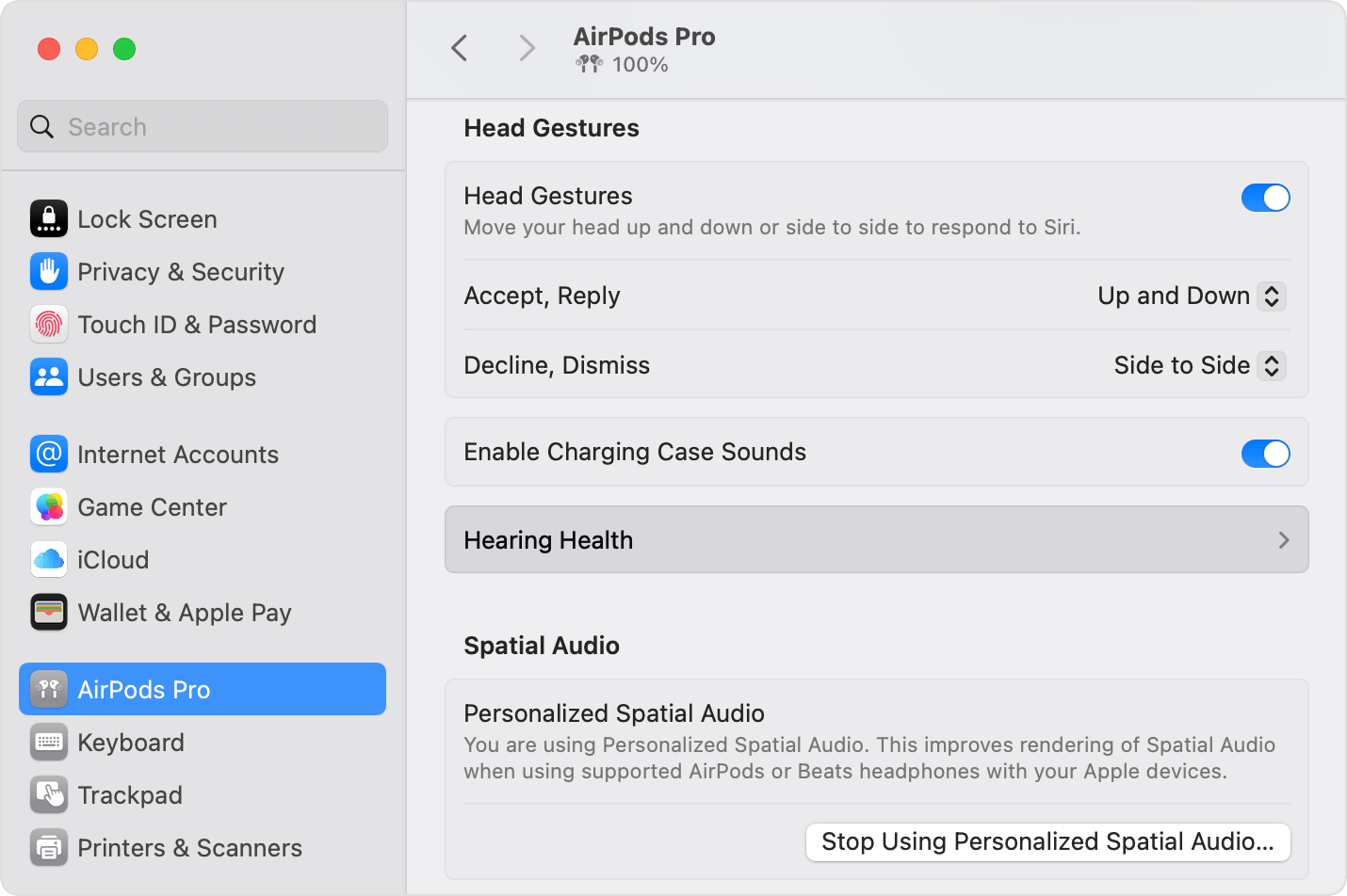 Salute dell'udito nelle impostazioni di AirPods Pro su macOS.