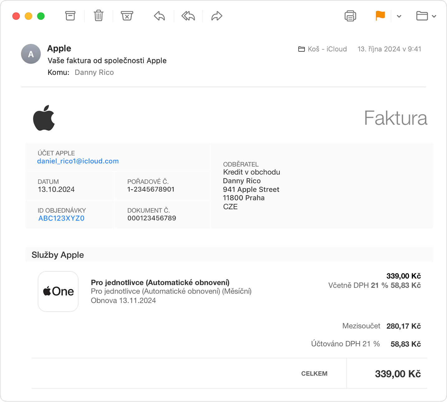 Obrázek zobrazující účtenku od společnosti Apple v doručené poště iCloud Mailu.