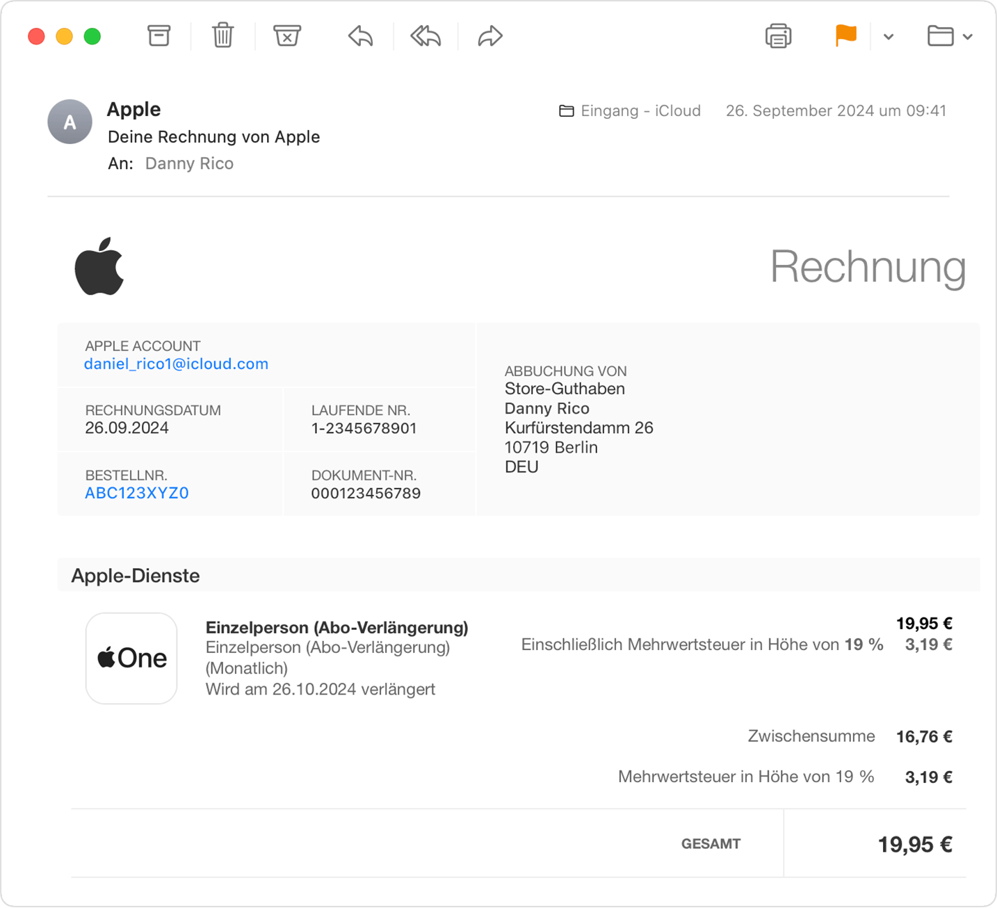 Ein Bild, das einen Beleg von Apple in einem iCloud Mail-Posteingang zeigt.