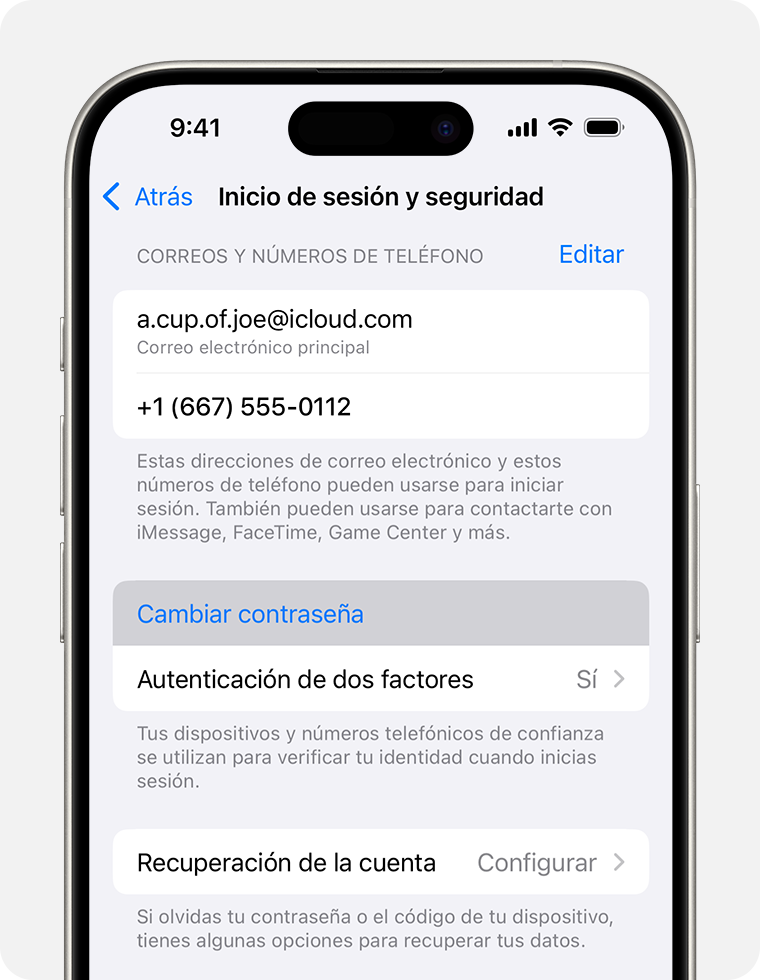 iPhone en el que se muestra el botón Cambiar contraseña en Configuración