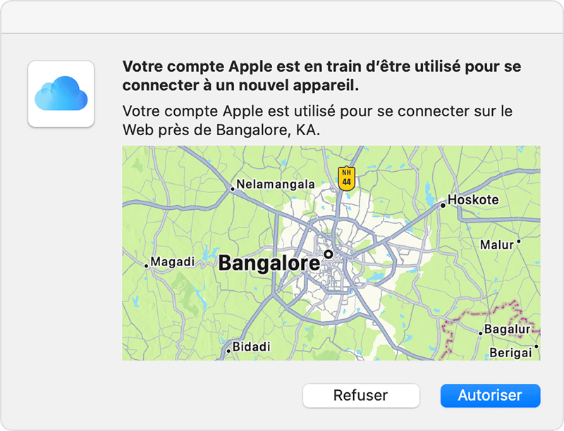 Carte qui montre la ville de Washington DC. La légende indique qu’un compte Apple est utilisé pour se connecter sur le web près d’Ashburn, VA.