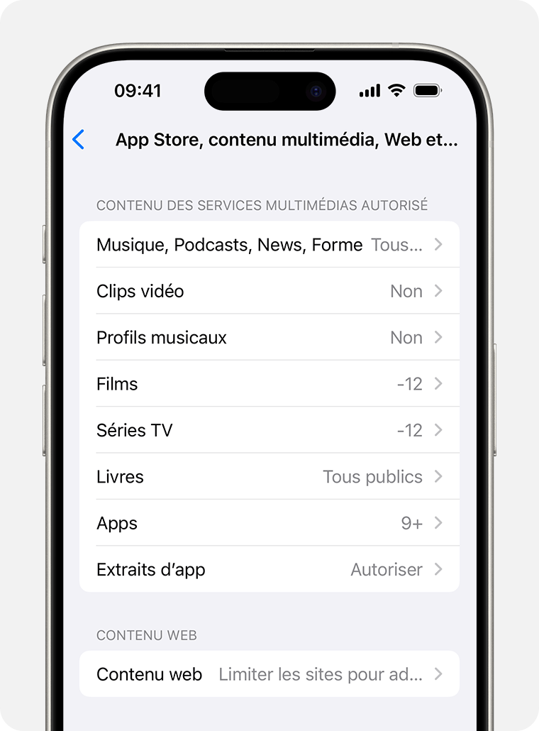 Écran d’iPhone présentant les options de restriction de contenu