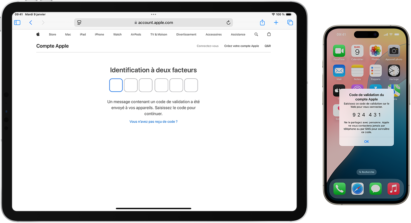 Un site web demandant un code de vérification à six chiffres, et un iPhone affichant un code de vérification à six chiffres