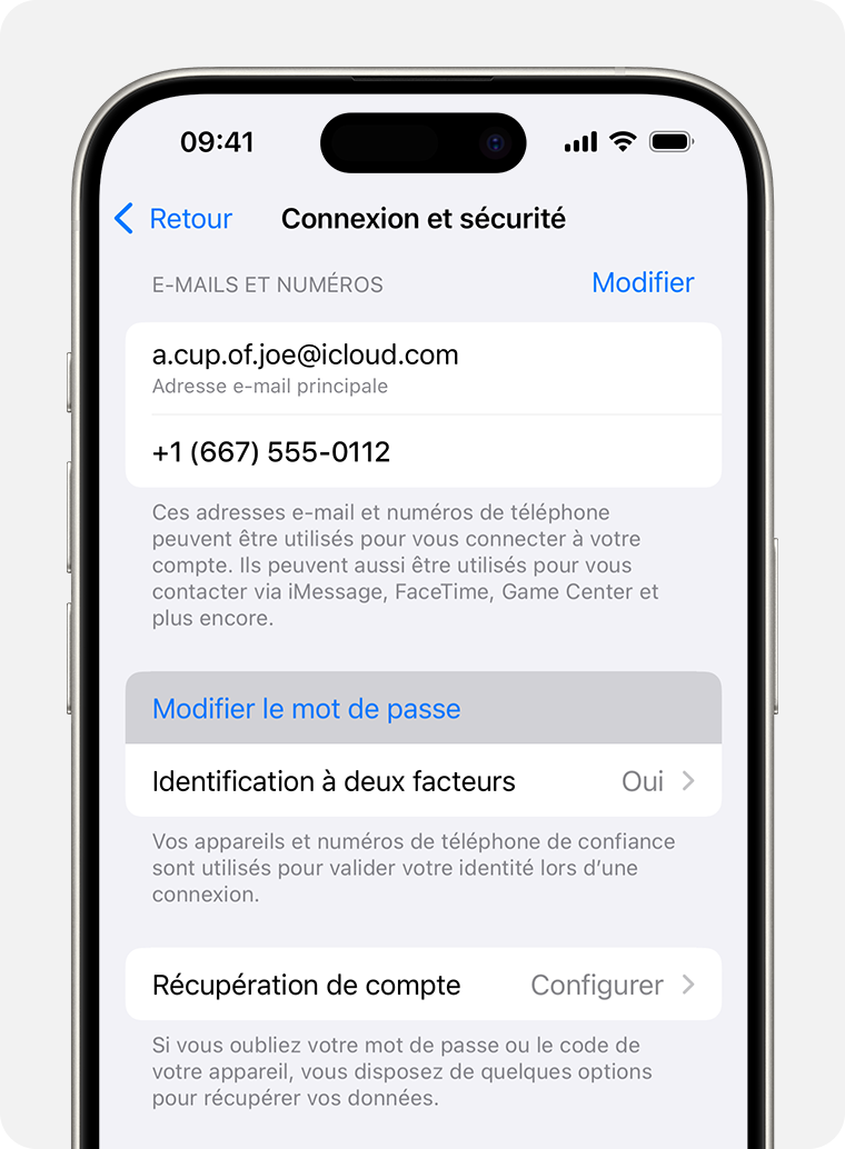 iPhone affichant le bouton Modifier le mot de passe dans Réglages