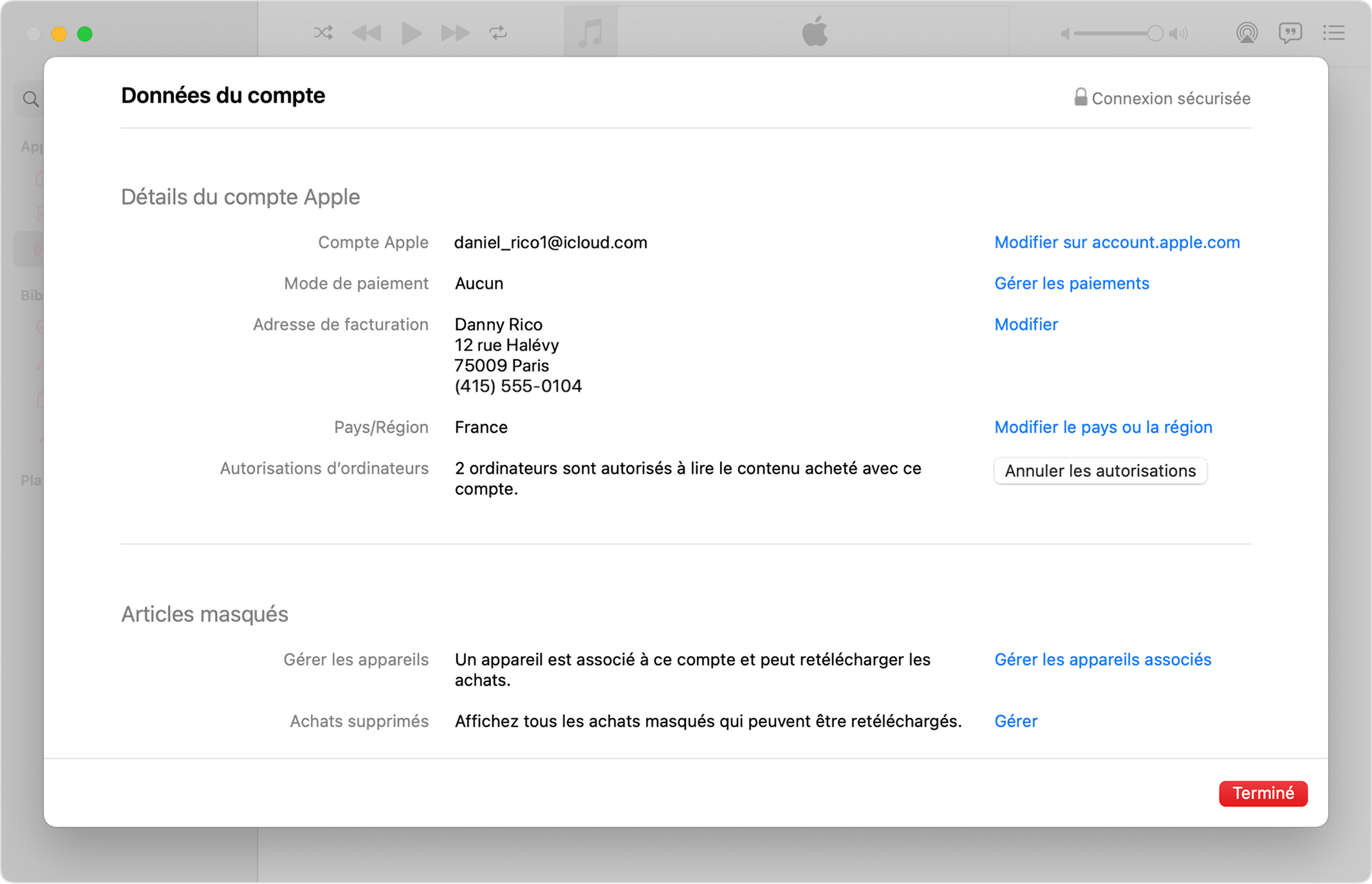 App Apple Music sur un Mac présentant la page Données du compte et le bouton Retirer toutes les autorisations