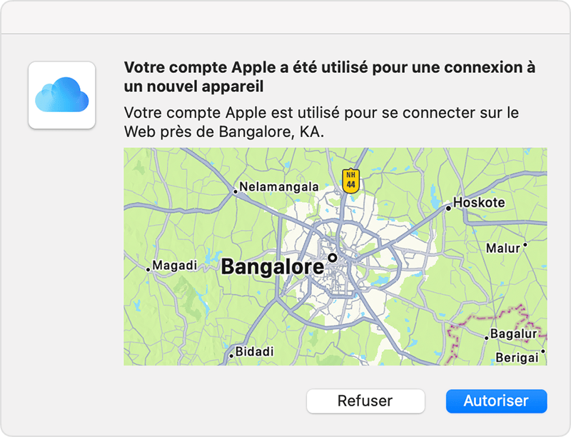 Carte avec Washington mis en évidence. La légende indique qu’un compte Apple est utilisé pour se connecter sur le Web près d’Ashburn, Virginie.