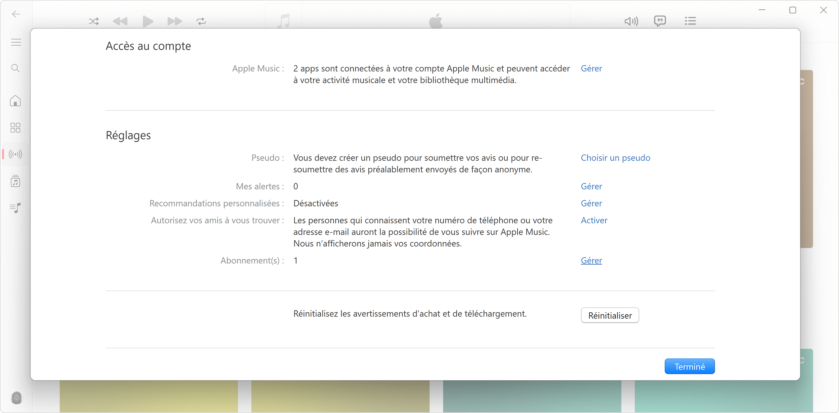 Réglages du compte Apple dans l’app Apple Music pour Windows.