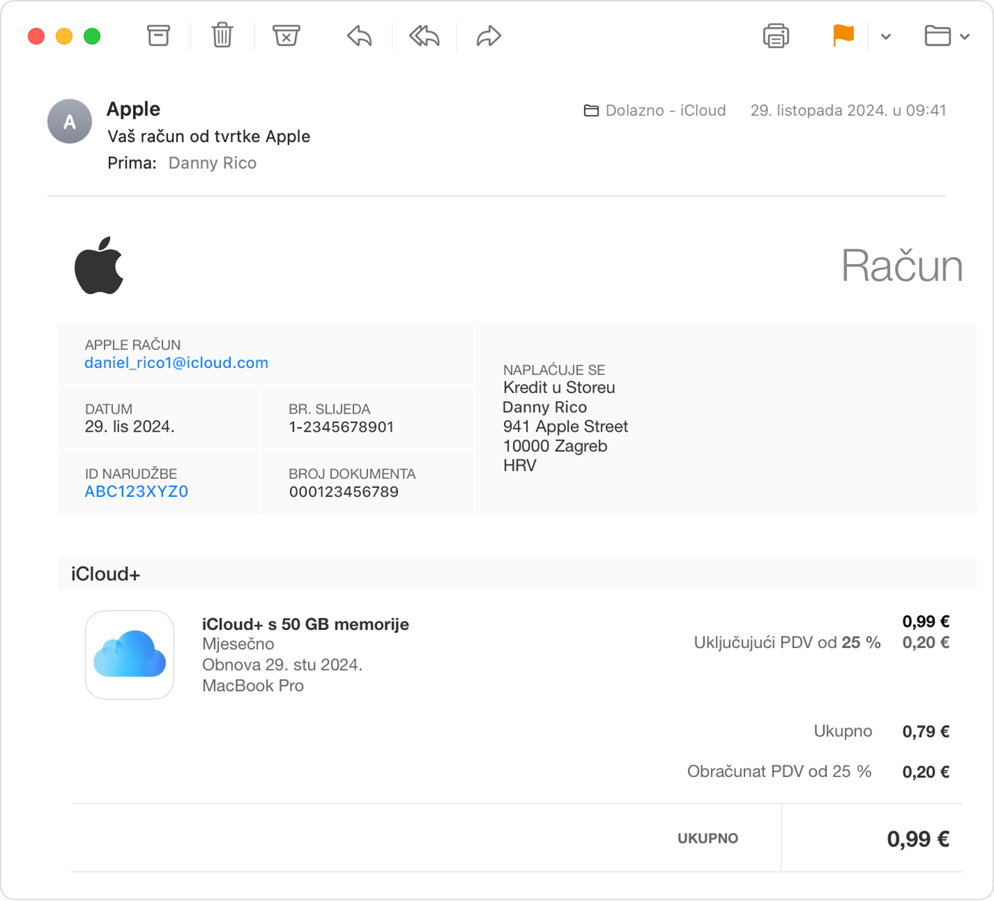 Slika na kojoj se prikazuje Appleov račun u pretincu ulazne pošte iCloud Mail.