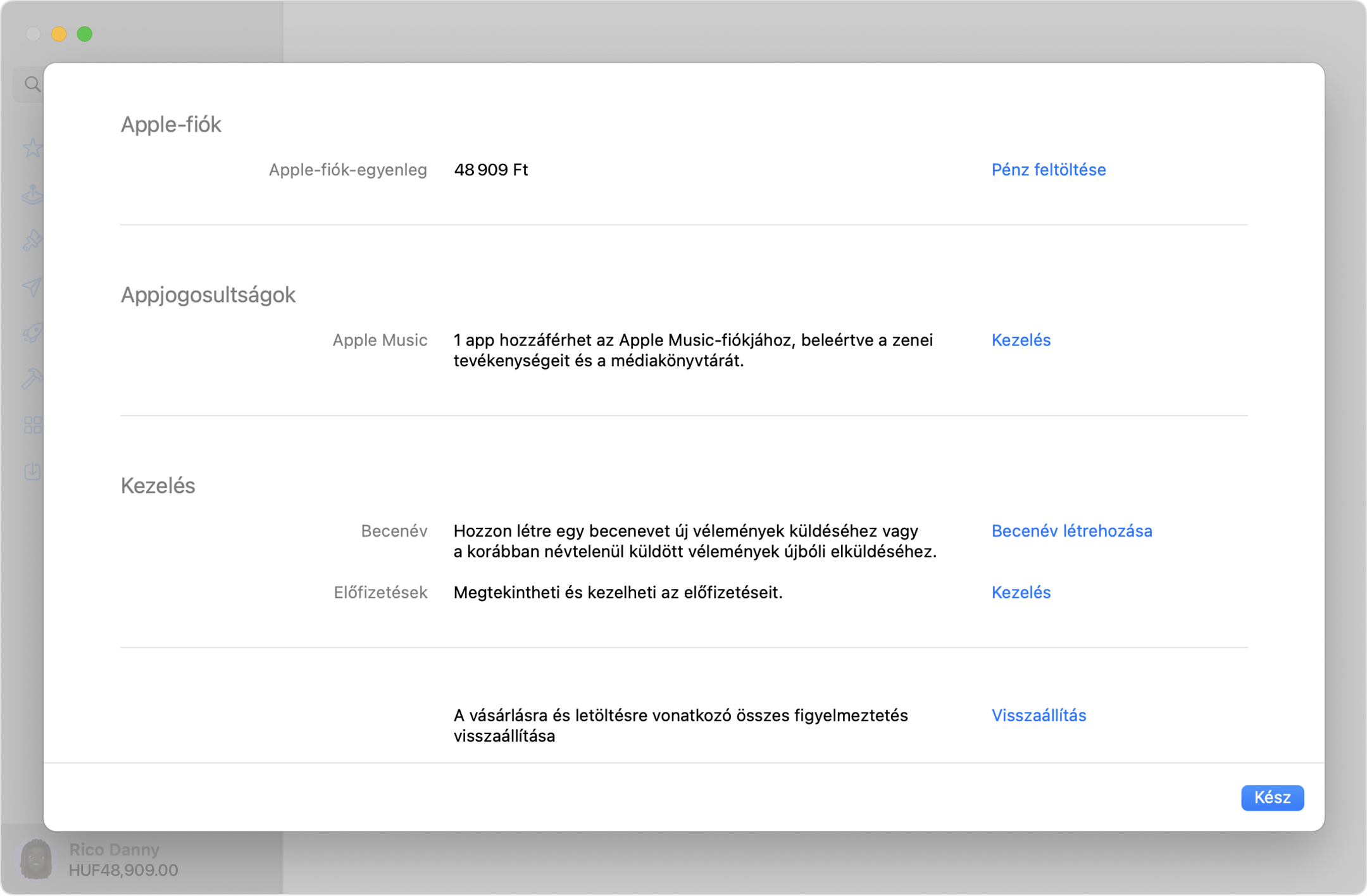 Az Apple-fiók beállításai az App Store-ban egy Macen.