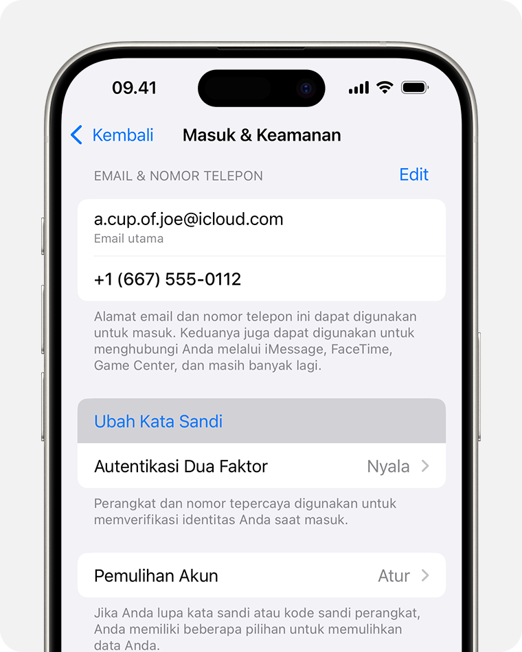 iPhone menampilkan tombol Ubah Kata Sandi di Pengaturan.