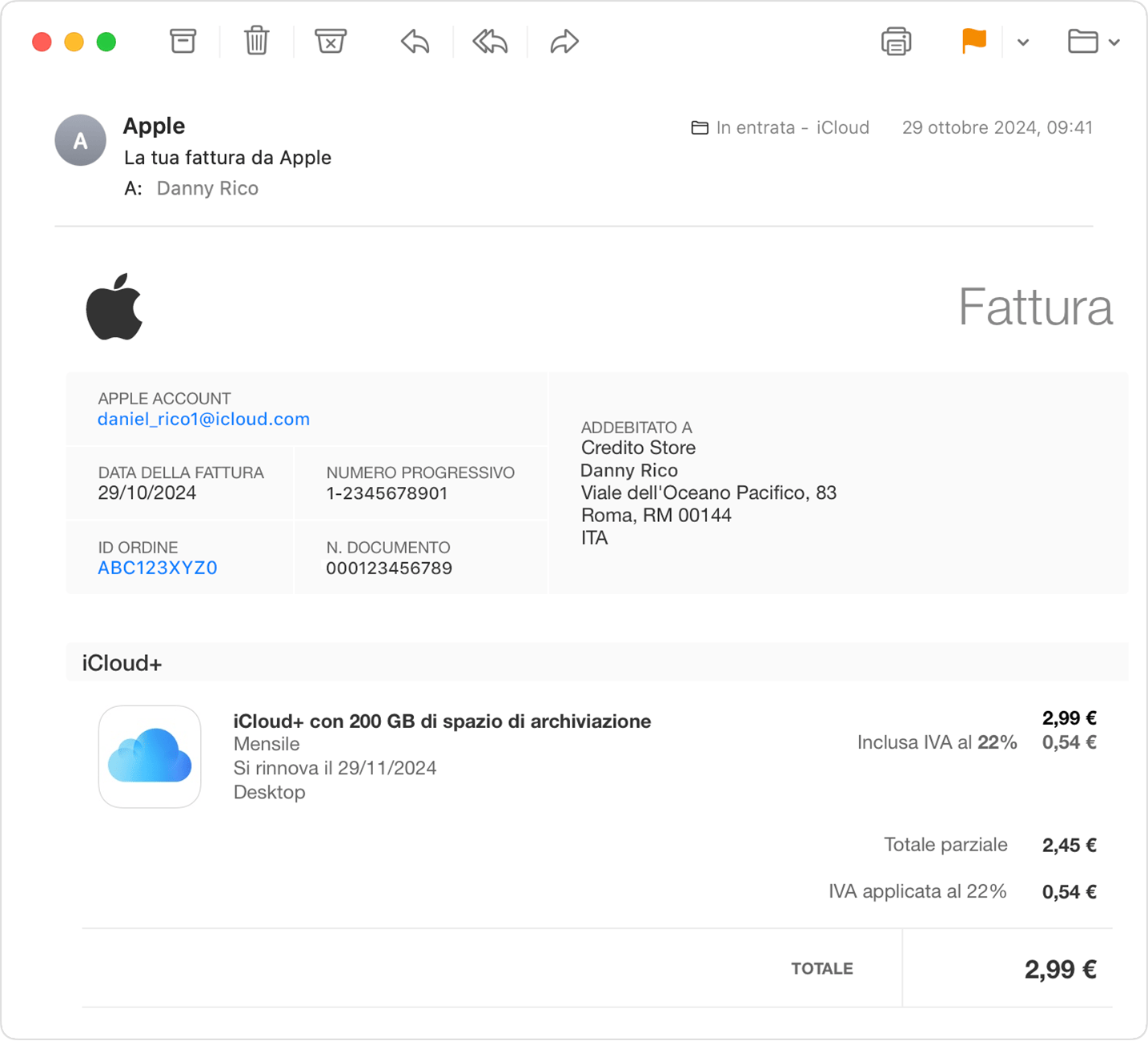 Un'immagine che mostra una ricevuta di Apple in una casella di posta personale di iCloud Mail.