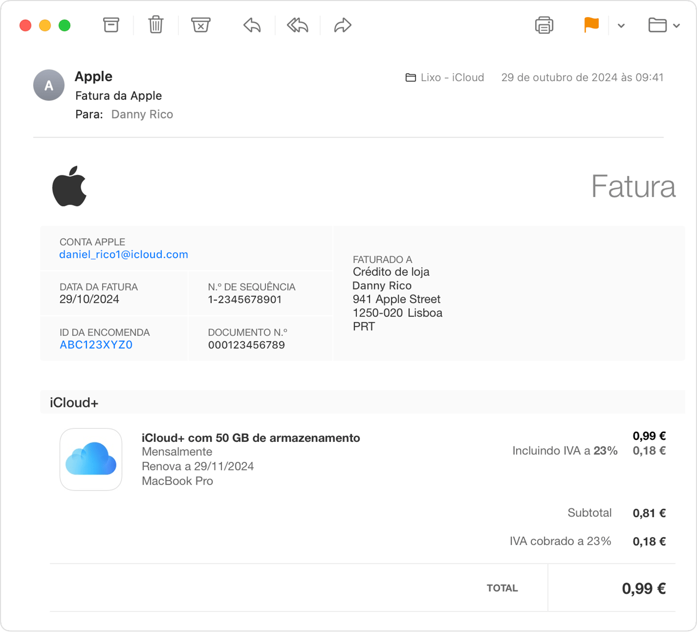 Uma imagem que mostra um recibo da Apple numa caixa de entrada do Mail em iCloud.