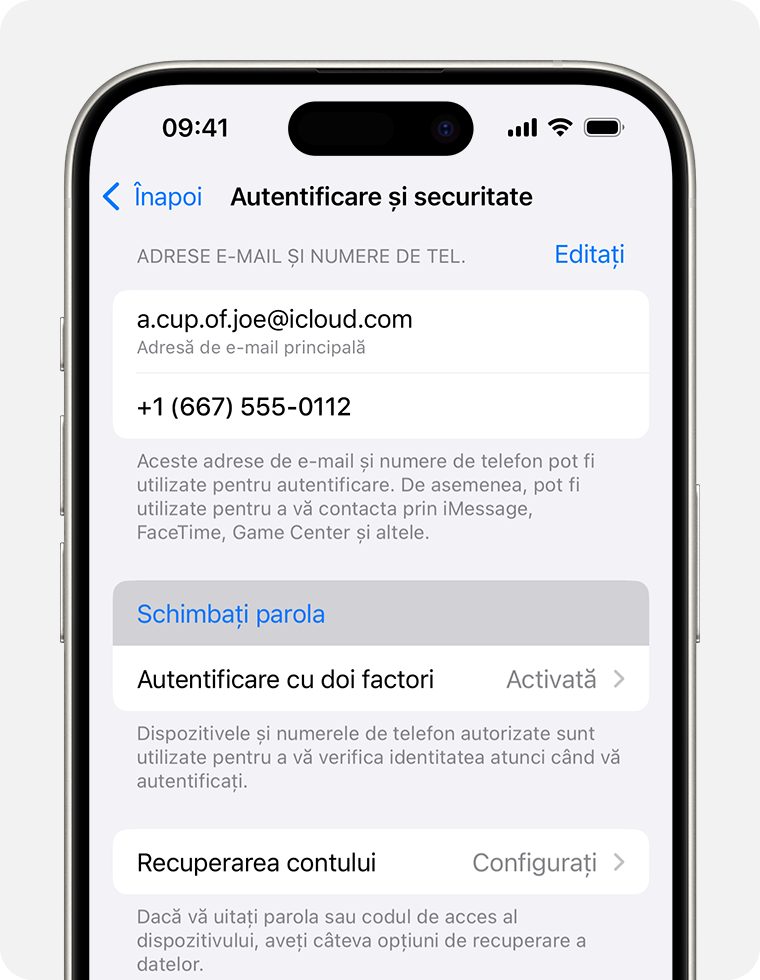 iPhone afișând butonul Schimbați parola în Configurări