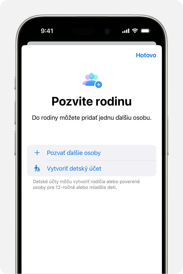 iPhone zobrazuje pozvánku na Rodinné zdieľanie vrátane možnosti Vytvoriť detský účet