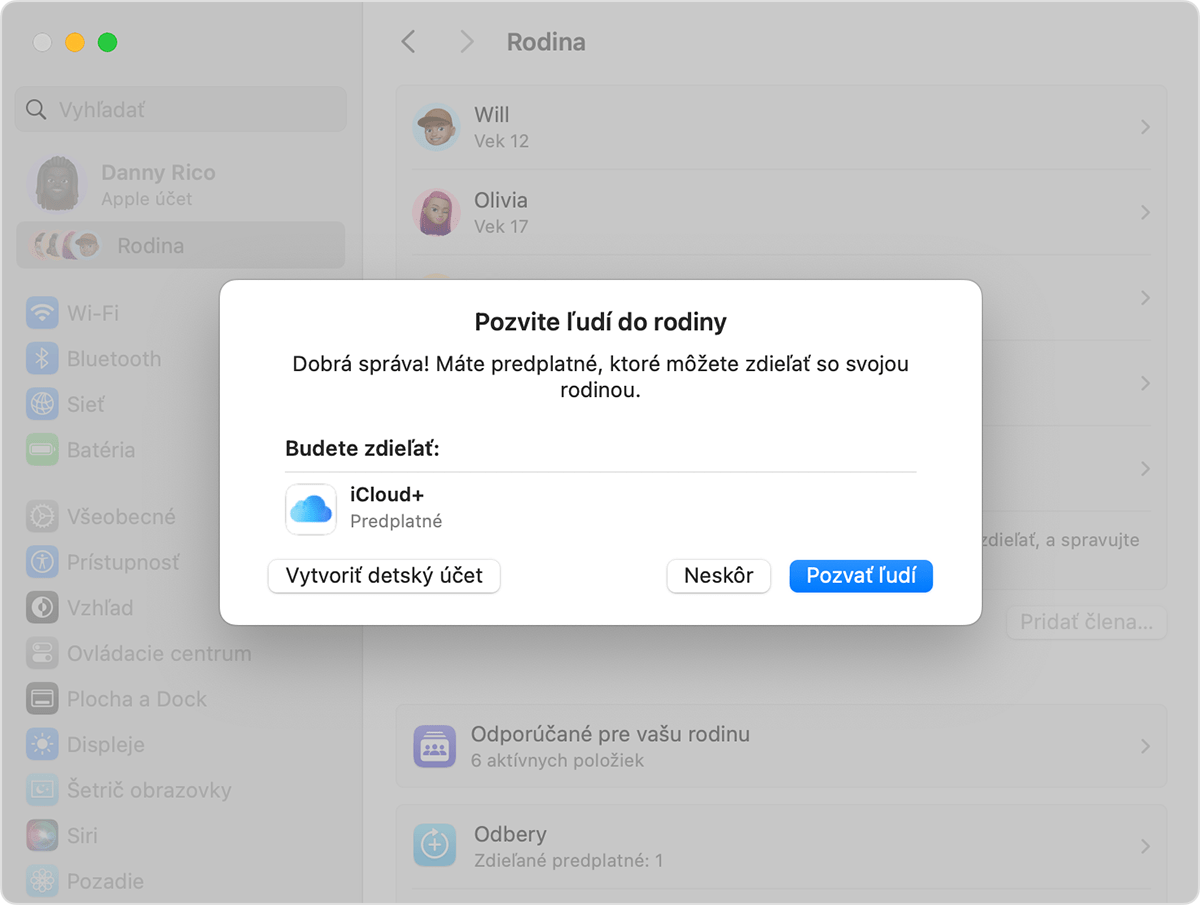 Systémové nastavenia Macu zobrazujúce pozvánku na Rodinné zdieľanie a tlačidlo Vytvoriť detský účet