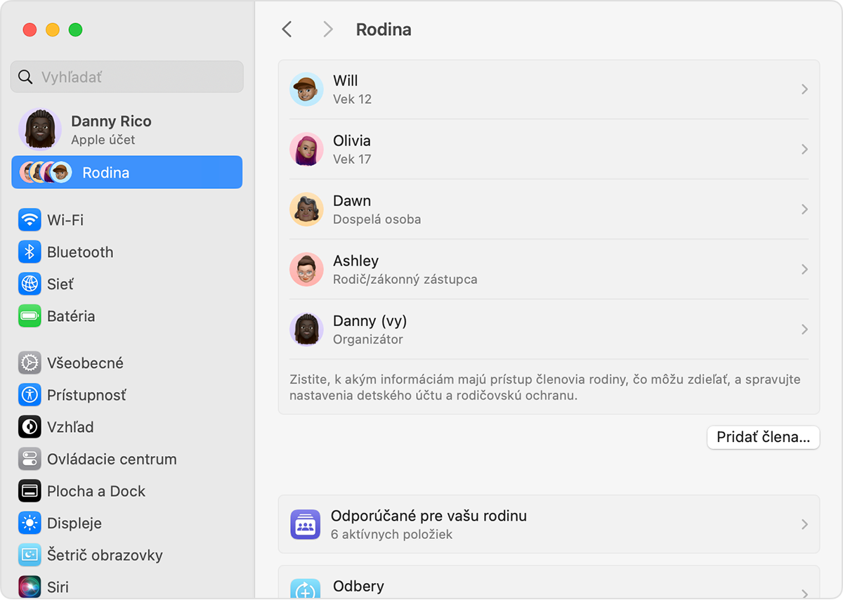 Systémové nastavenia Macu zobrazujúce Rodinné nastavenia vrátane tlačidla Pridať člena