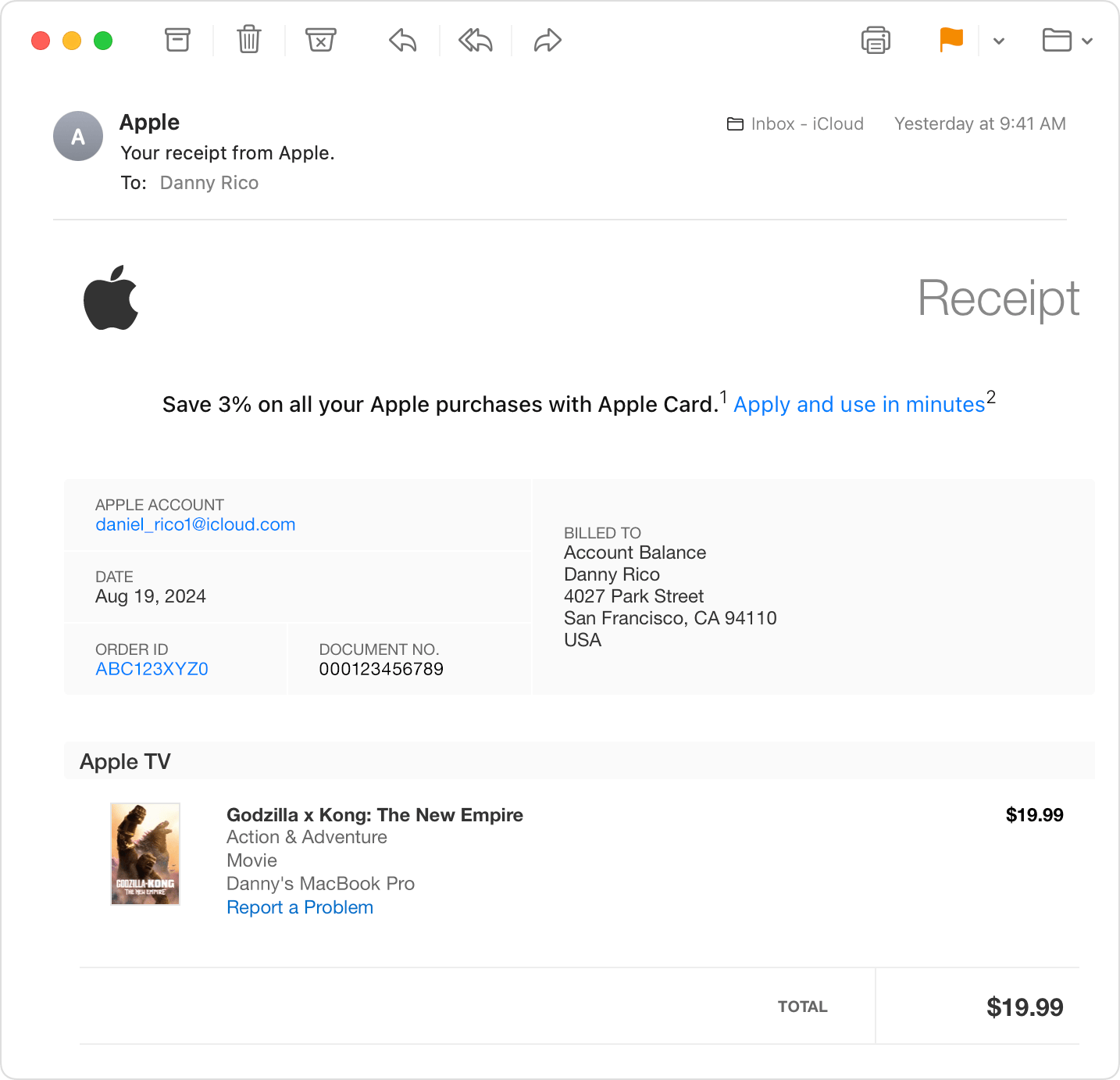 An image showing a receipt from Apple in an iCloud Mail inbox.