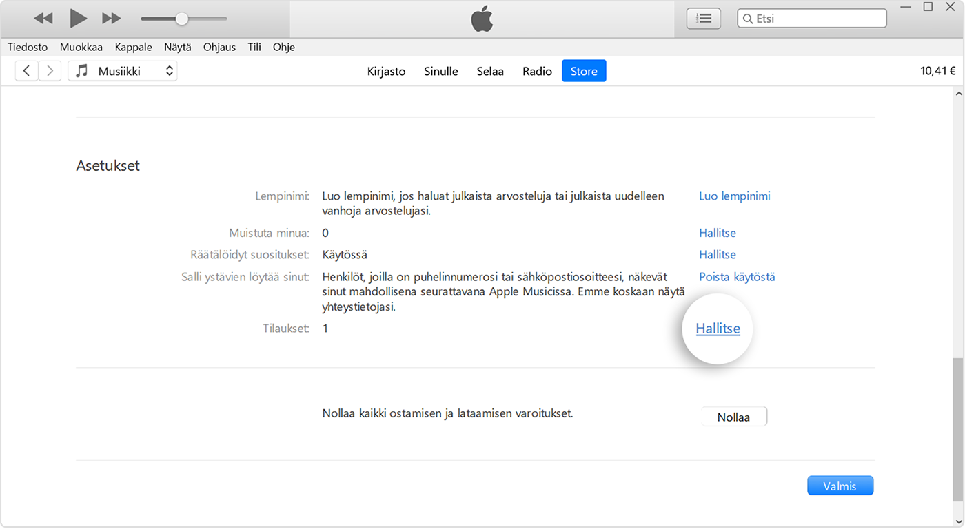Tilaukset-kohdan vieressä oleva Hallitse-painike iTunesissa.