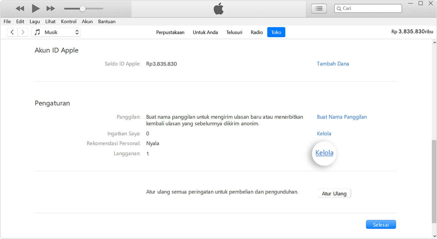 Tombol Kelola di samping Langganan di iTunes.