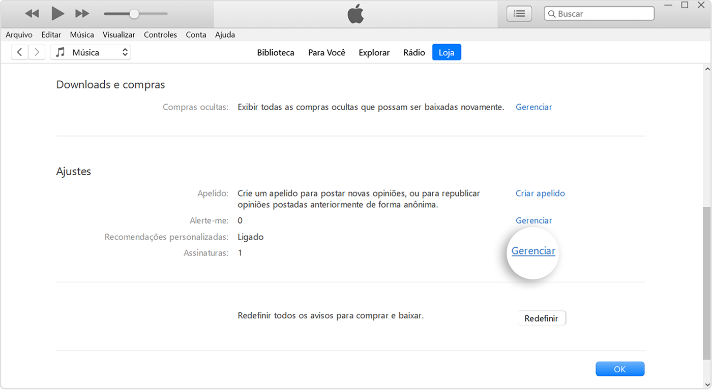 O botão Gerenciar ao lado de Assinaturas no iTunes.