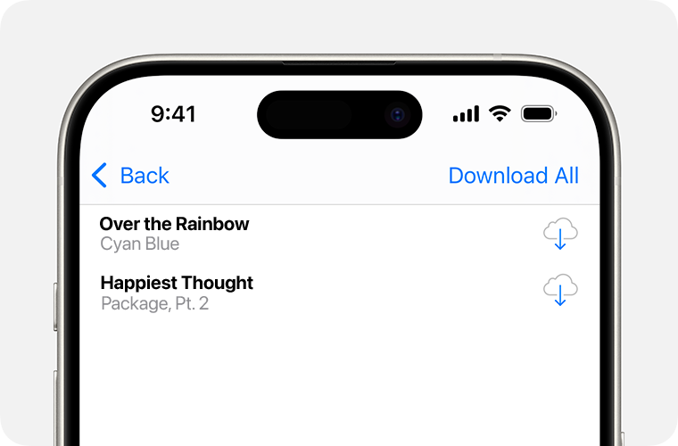 An iPhone showing a list of songs you can redownload. The Download button is to the right, which is a cloud with an arrow pointing down in the middle of it.