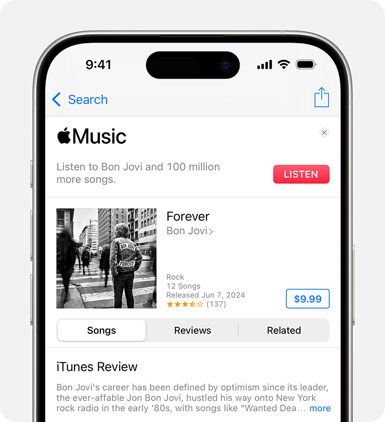 The Buy screen for Forever by Bon Jovi in the iTunes Store. The Buy button is on the right-hand side of the screen. It’s the price of the album in a blue box. 