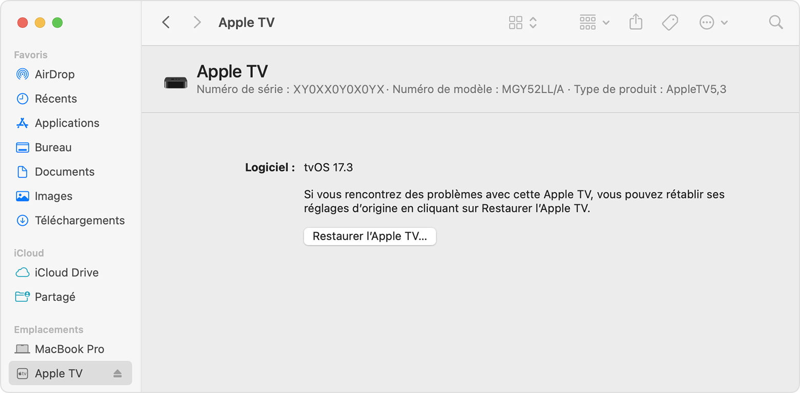 Fenêtre de restauration de l’Apple TV s’affichant alors qu’elle est connectée à macOS