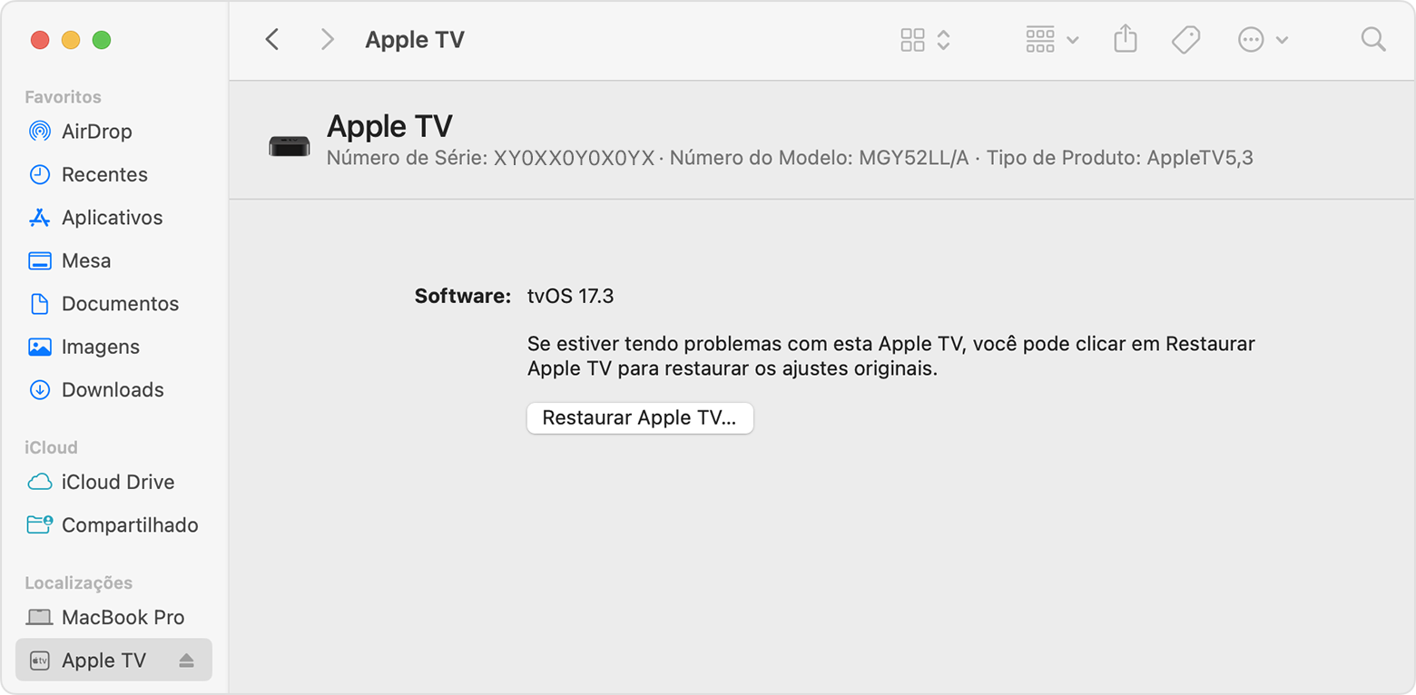 A janela de restauração da Apple TV é exibida enquanto conectada ao macOS