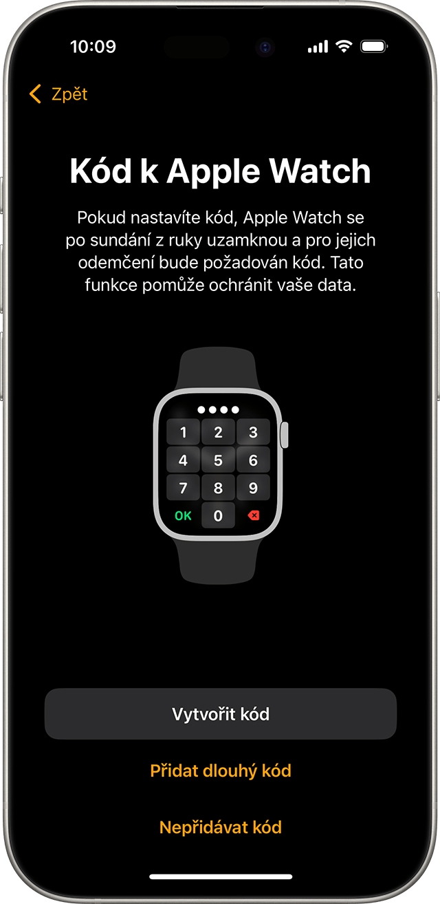 Obrazovka nastavení kódu Apple Watch