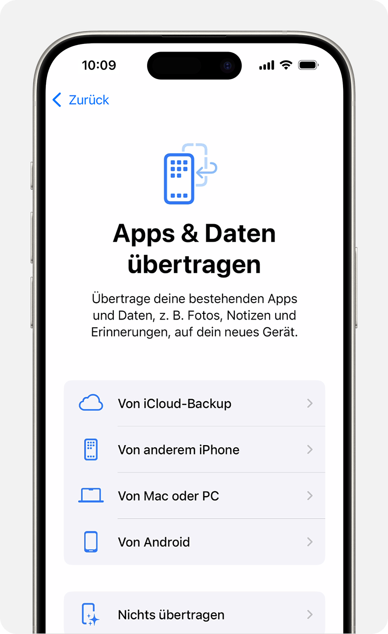 iPhone-Display mit der Option zum Übertragen von Apps und Daten