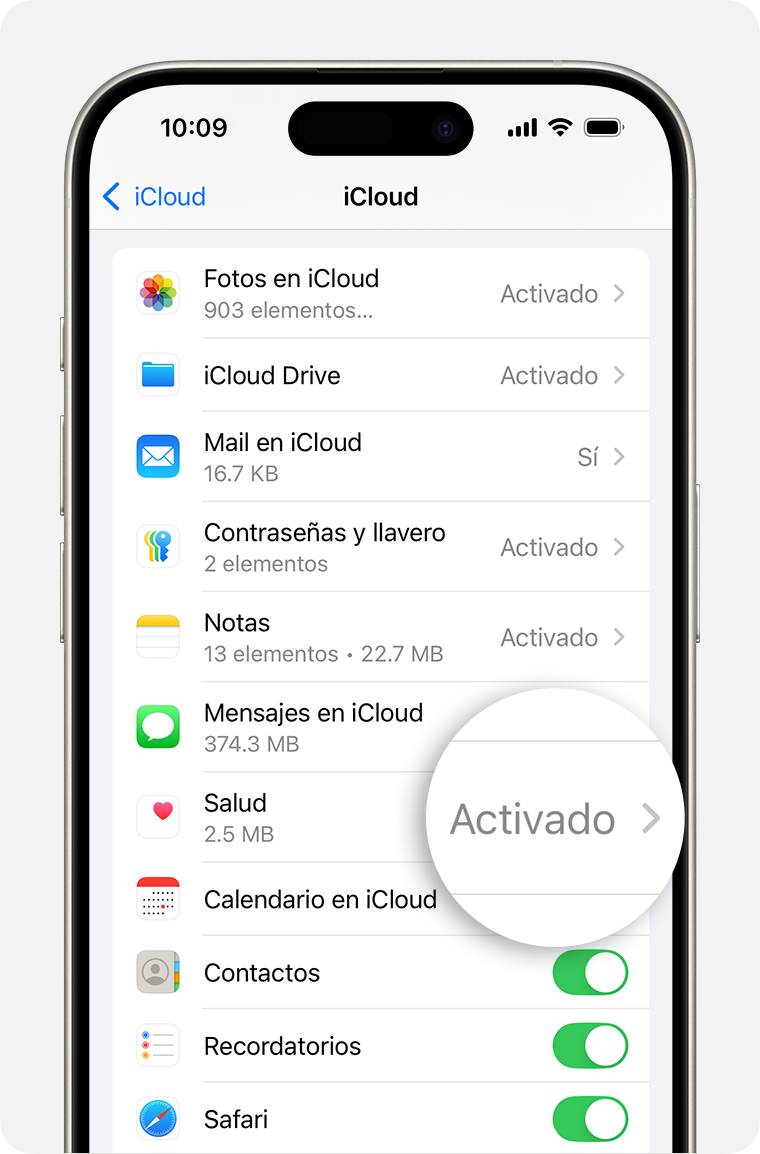 Pantalla de un iPhone en la que se muestra la configuración de iCloud