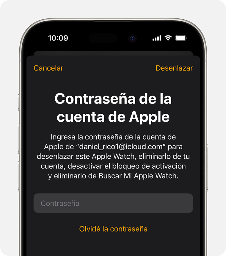 Solicitud para ingresar la contraseña de la cuenta de Apple a fin de desactivar el Bloqueo de activación.