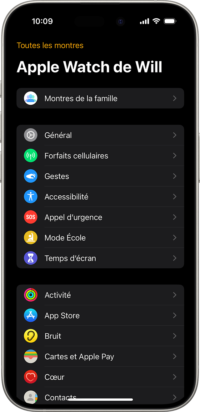 iPhone affichant l’écran Réglages d’une Apple Watch gérée