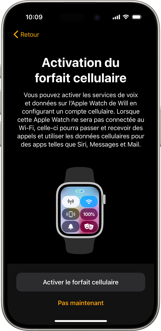 iPhone affichant l’écran de configuration de la connectivité mobile de l’Apple Watch