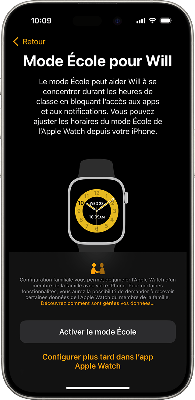 iPhone affichant l’écran de configuration du mode École de l’Apple Watch