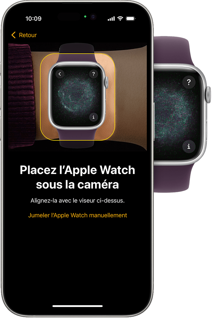 Apple Watch et iPhone affichant l’animation de jumelage sur chaque appareil