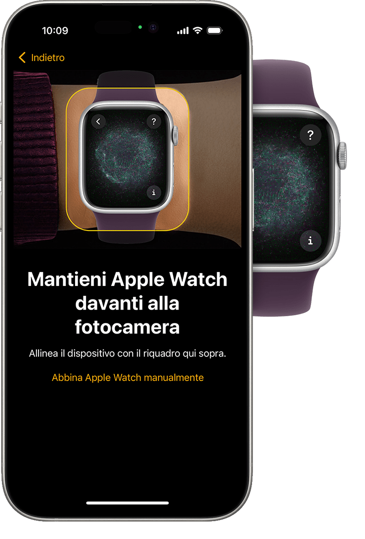 Apple Watch e iPhone con l'animazione di abbinamento visualizzata su ciascun dispositivo