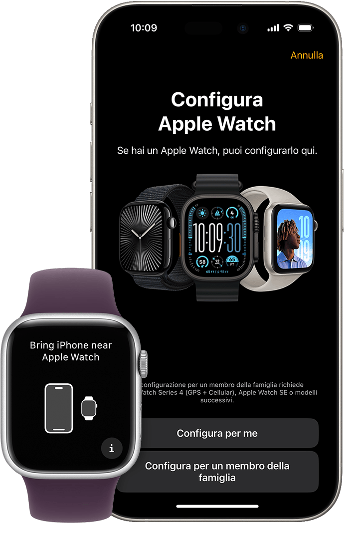 Apple Watch e iPhone con le schermate di abbinamento visualizzate su ciascun dispositivo