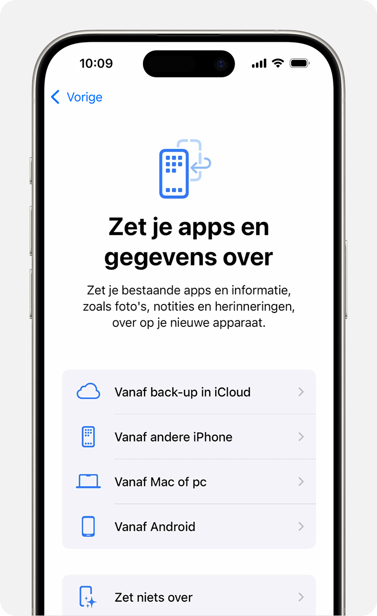 iPhone-scherm met de optie om apps en gegevens over te zetten