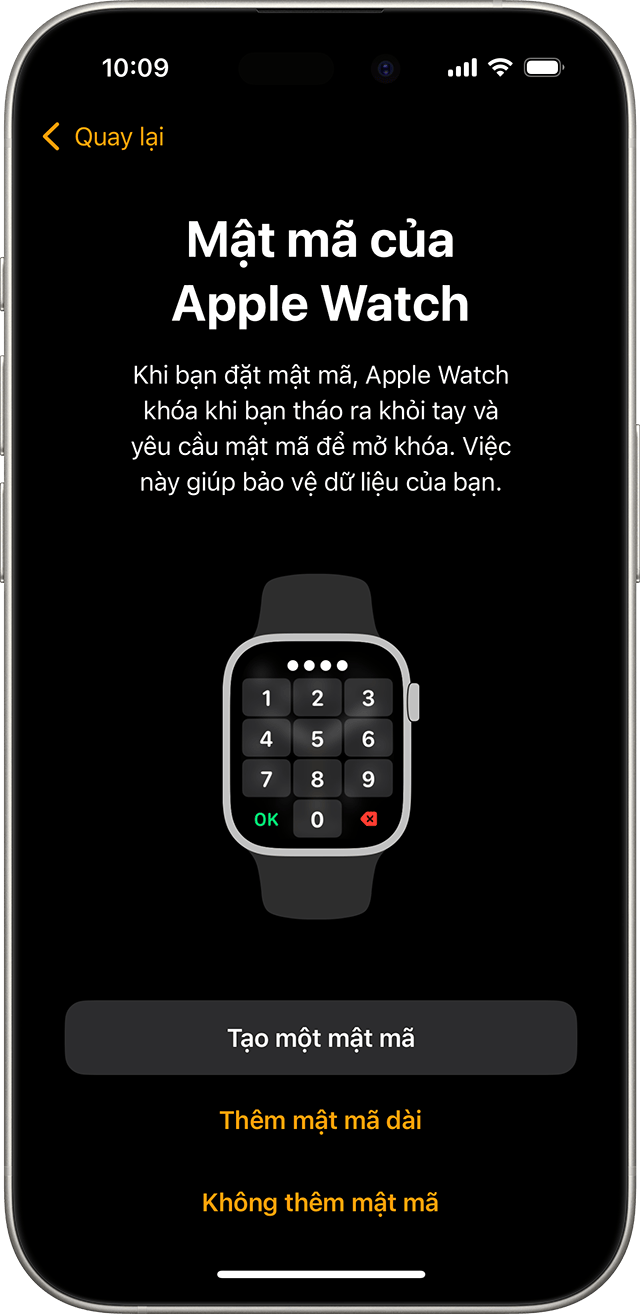 Màn hình thiết lập mã khóa Apple Watch