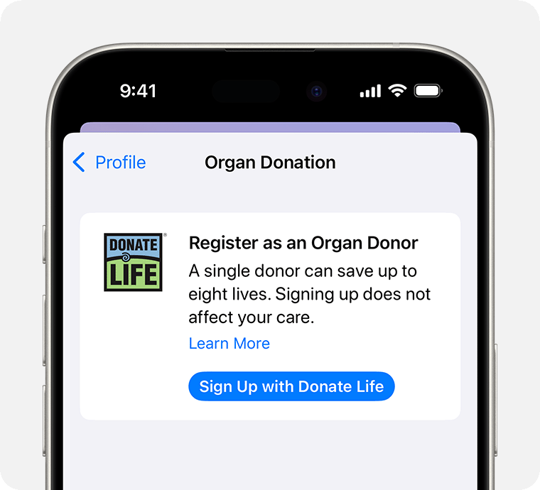 An iPhone that shows the option to register with Donate Life to be an organ donor.