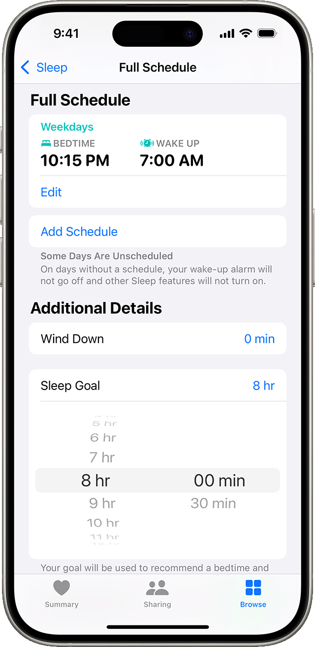 An iPhone that shows the Full Schedule screen for Sleep with options to edit your sleep schedule, add Wind Down time, and adjust your Sleep Goal.