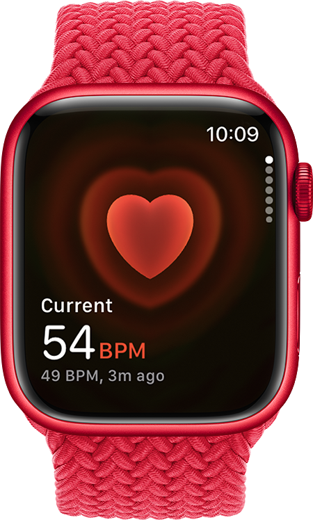 An Apple Watch that shows a heart rate of 54 beats per minute.