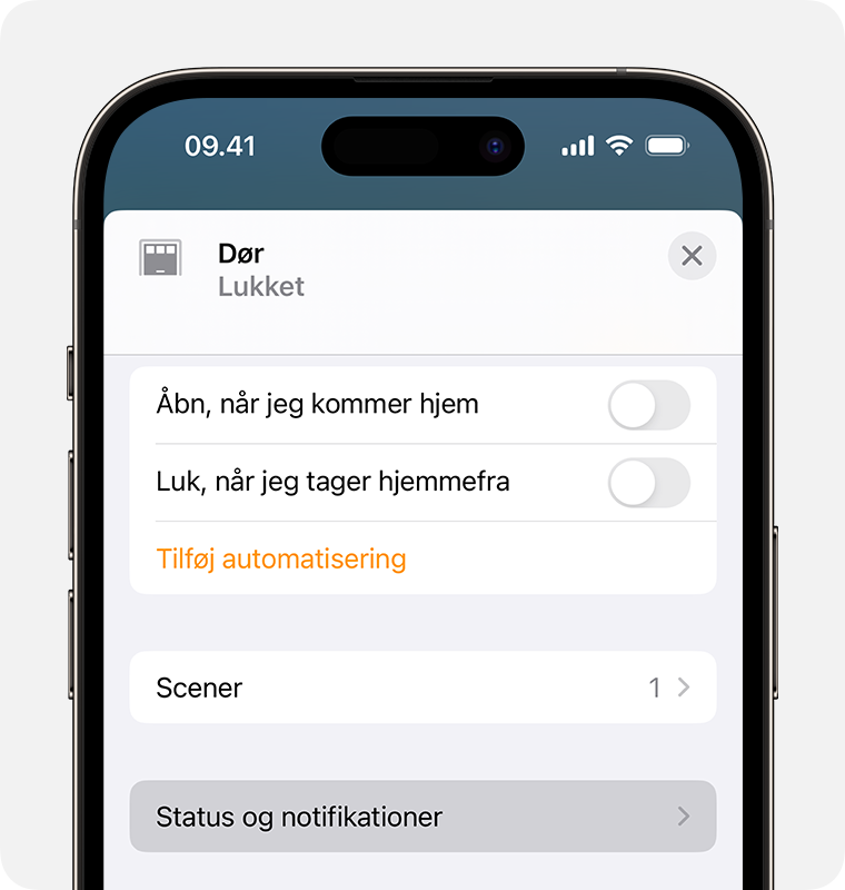 Status og notifikationer vises under Scener på skærmen med indstillinger for tilbehør for en Dørsensor til dit smarte hjem