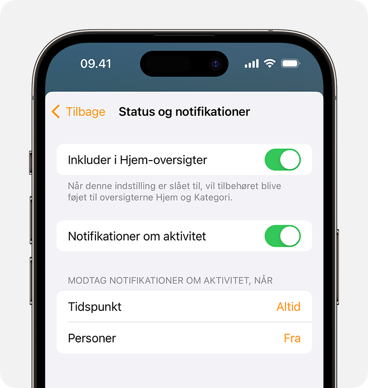 Inkluder i Hjem-oversigter kan slås til øverst på skærmen Status og notifikationer