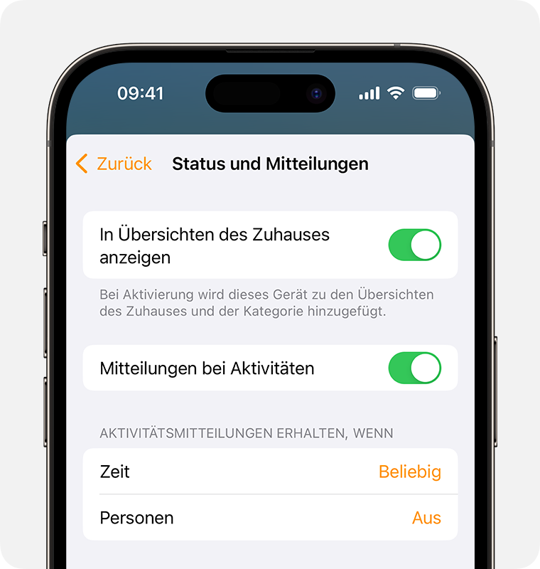 „In Übersichten des Zuhauses anzeigen“ ist oben auf dem Bildschirm „Status und Mitteilungen“aktiviert