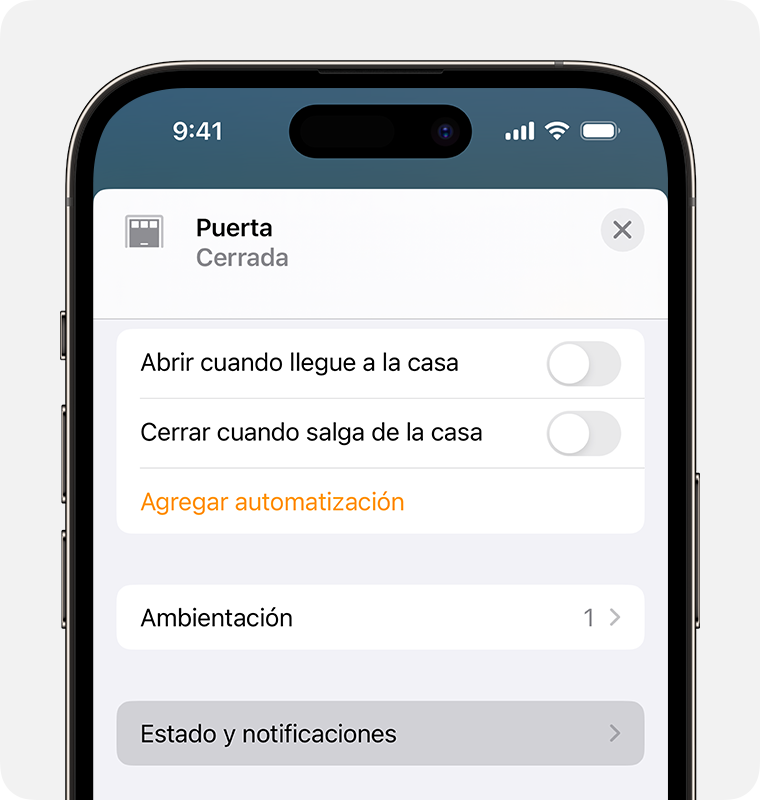 La opción Estado y notificaciones aparece debajo de Ambientaciones en la pantalla de configuración de los accesorios para un sensor de la puerta de casa inteligente